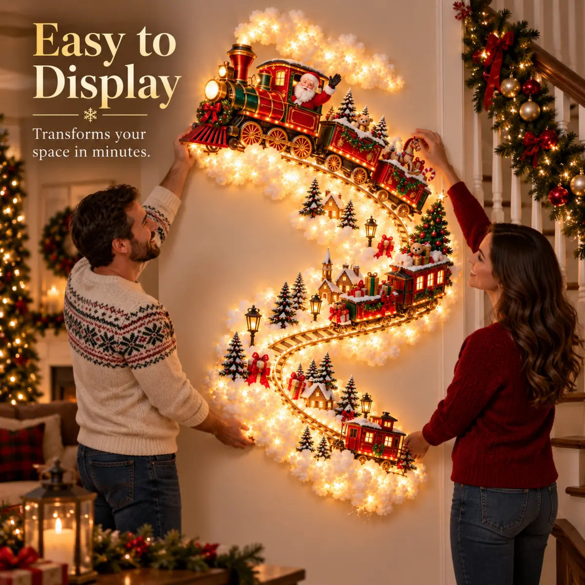 Couple positioning the illuminated Christmas train decoration on a wall