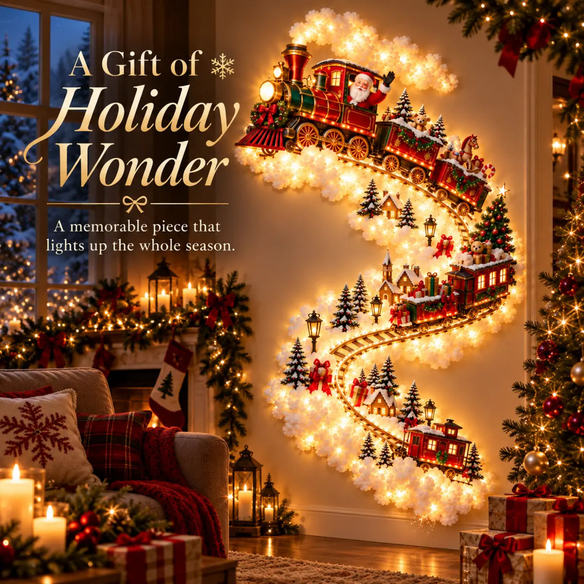 Christmas train wall light displayed in a festive living room with wrapped gifts