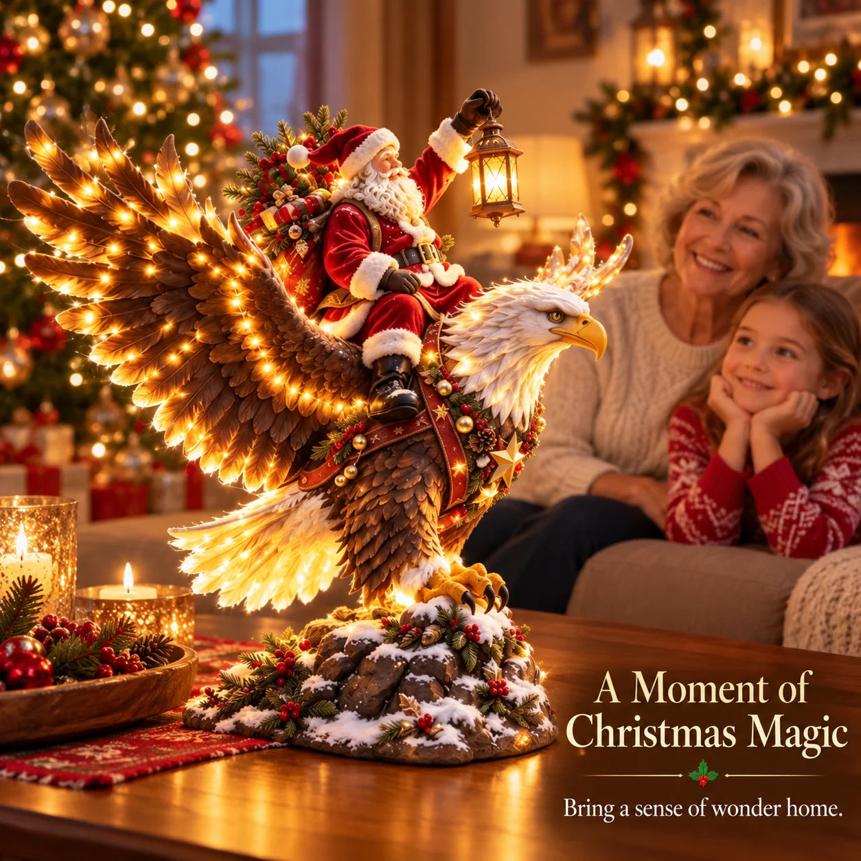 Santa riding a lighted eagle displayed near a Christmas tree with family nearby