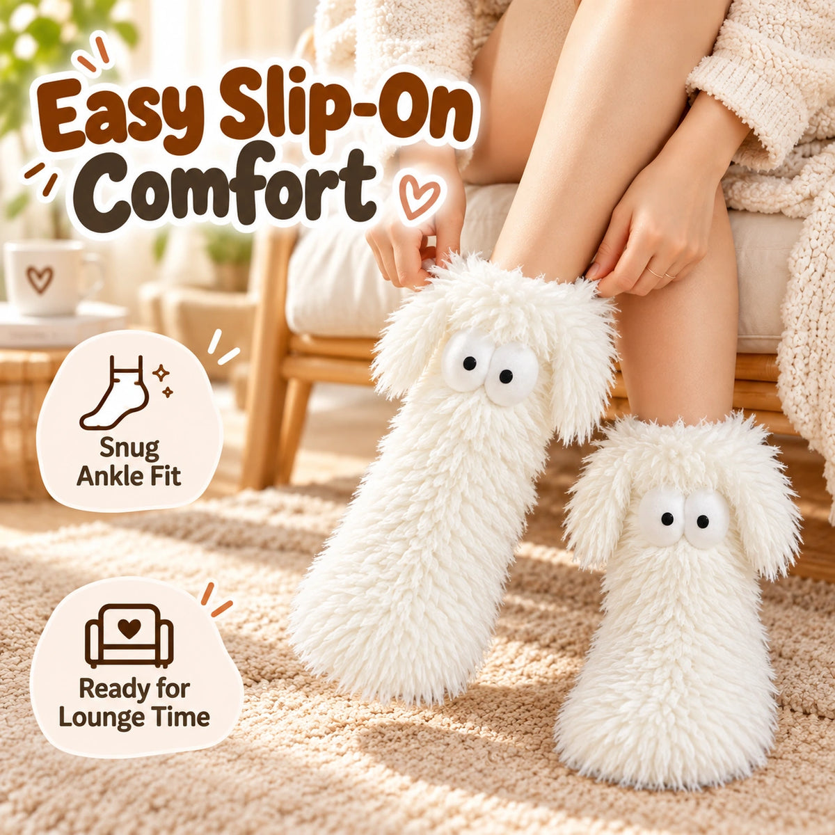 Person pulling on a white fluffy character slipper sock while seated at home
