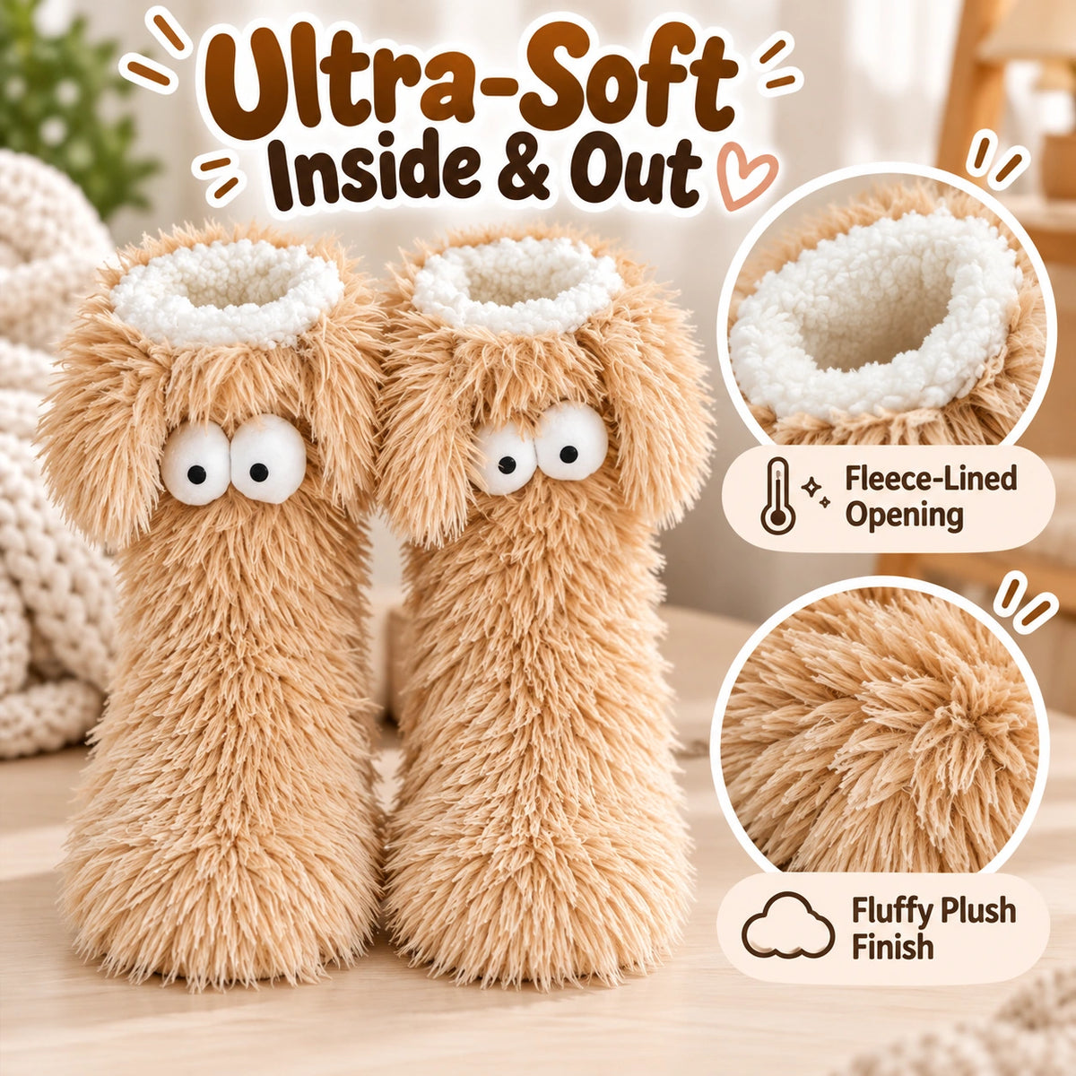 Close-up of the tan plush slipper socks showing their fluffy outer texture and light-colored lining