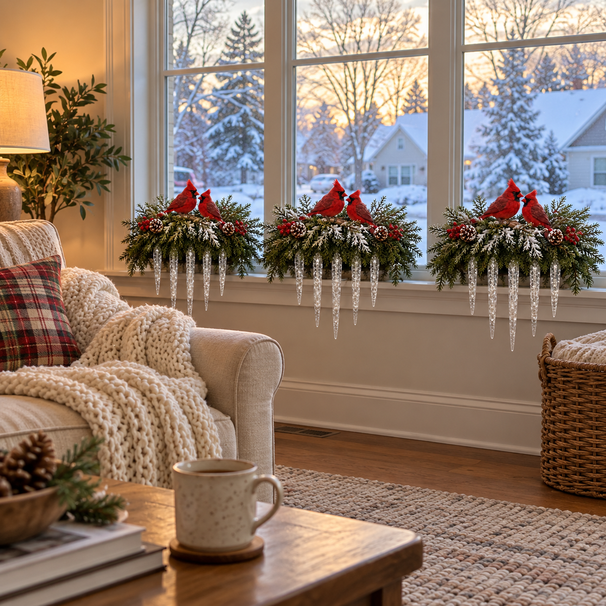 🔥Cardinal Winter Glow — Lighted Snowy Cedar & Icicle Christmas Decor
