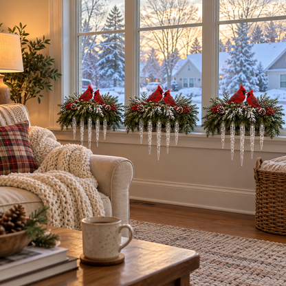 🔥Cardinal Winter Glow — Lighted Snowy Cedar & Icicle Christmas Decor