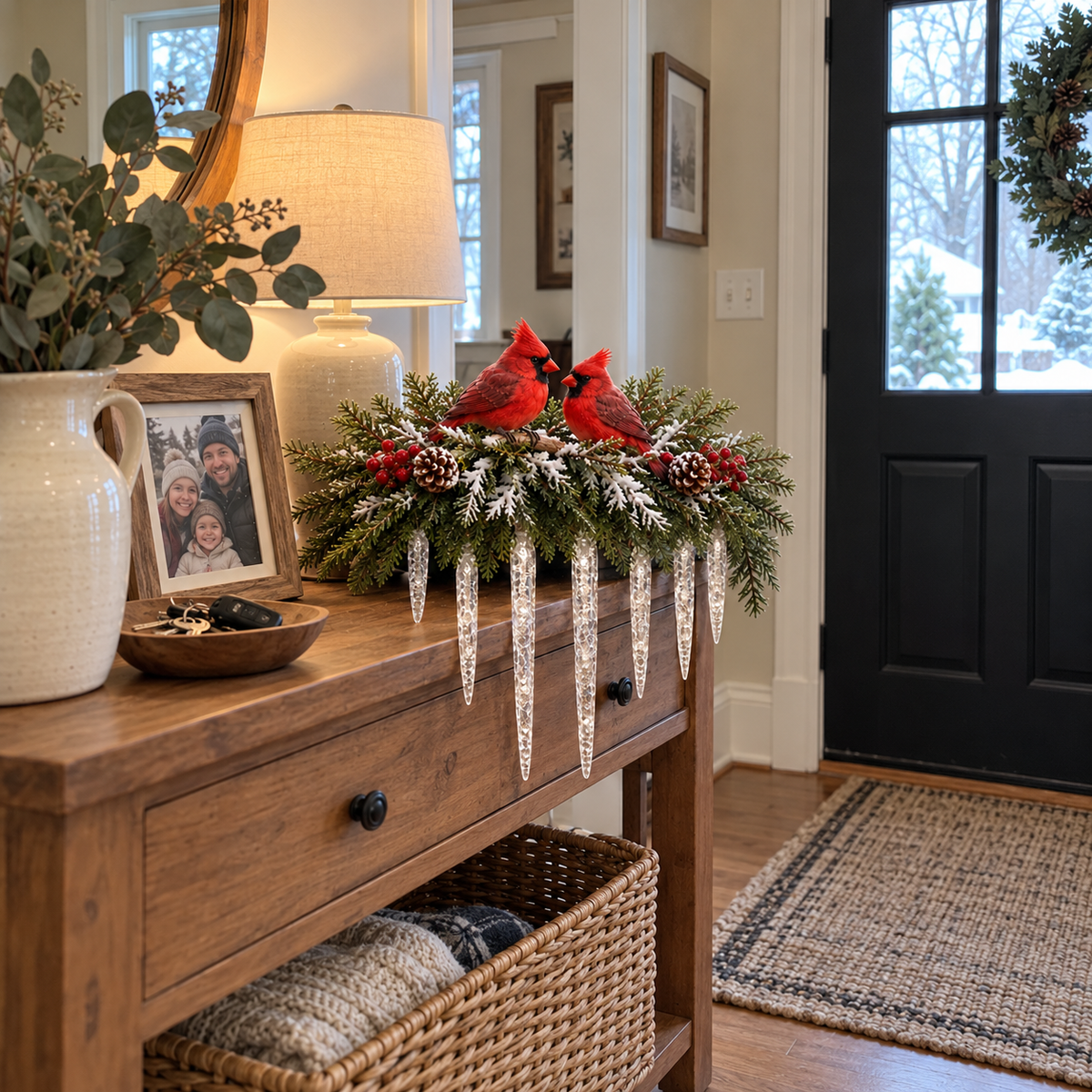 Cardinal winter greenery displayed in a real entryway during daylight with lights off