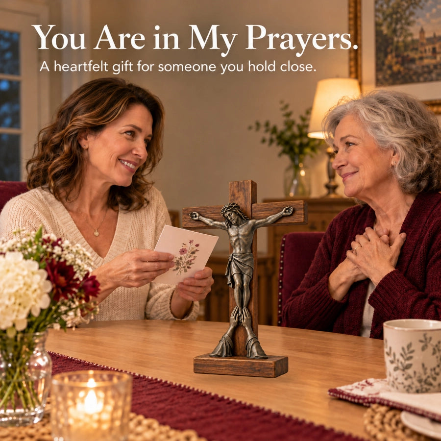 Woman giving a tabletop crucifix to an older loved one