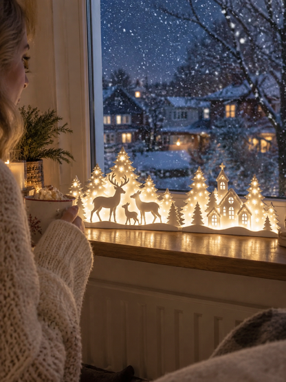 Light-Up Christmas Deer & Snowy Village Window Decor – 2-piece LED set ✨