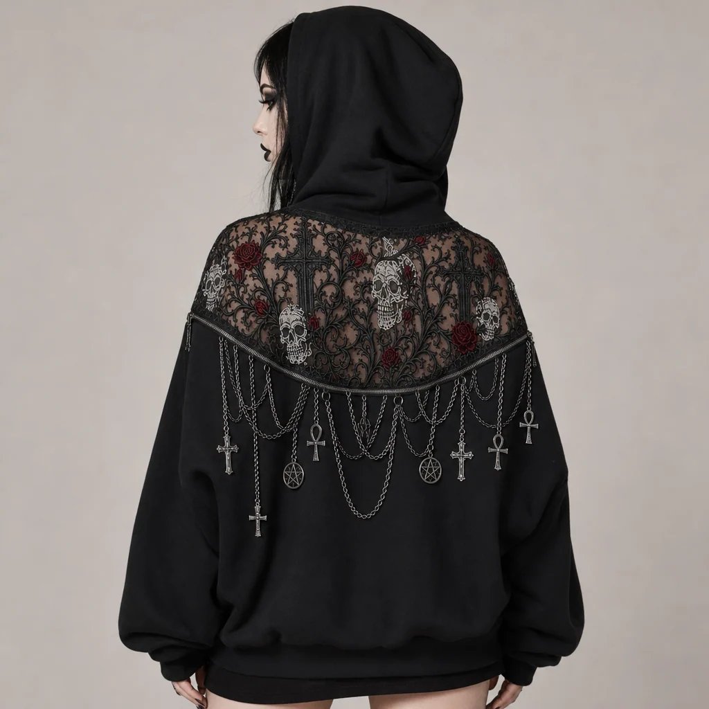 🖤 Gothic Reveal Hoodie for Alternative Fashion Lovers – Lace, Skull & Rose Design