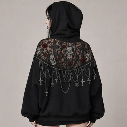 🖤 Gothic Reveal Hoodie for Alternative Fashion Lovers – Lace, Skull & Rose Design