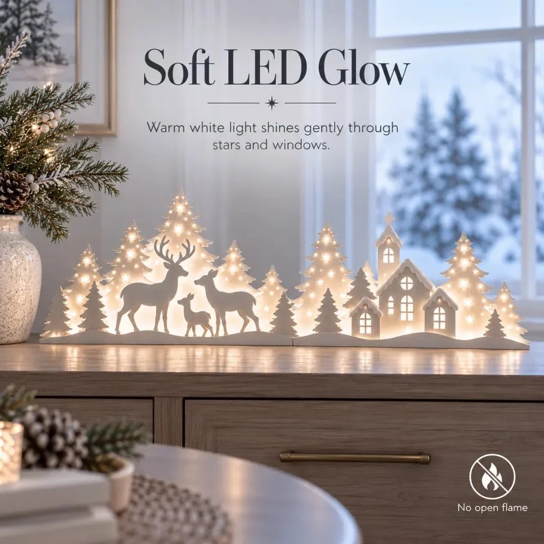 Light-Up Christmas Deer & Snowy Village Window Decor – 2-piece LED set ✨