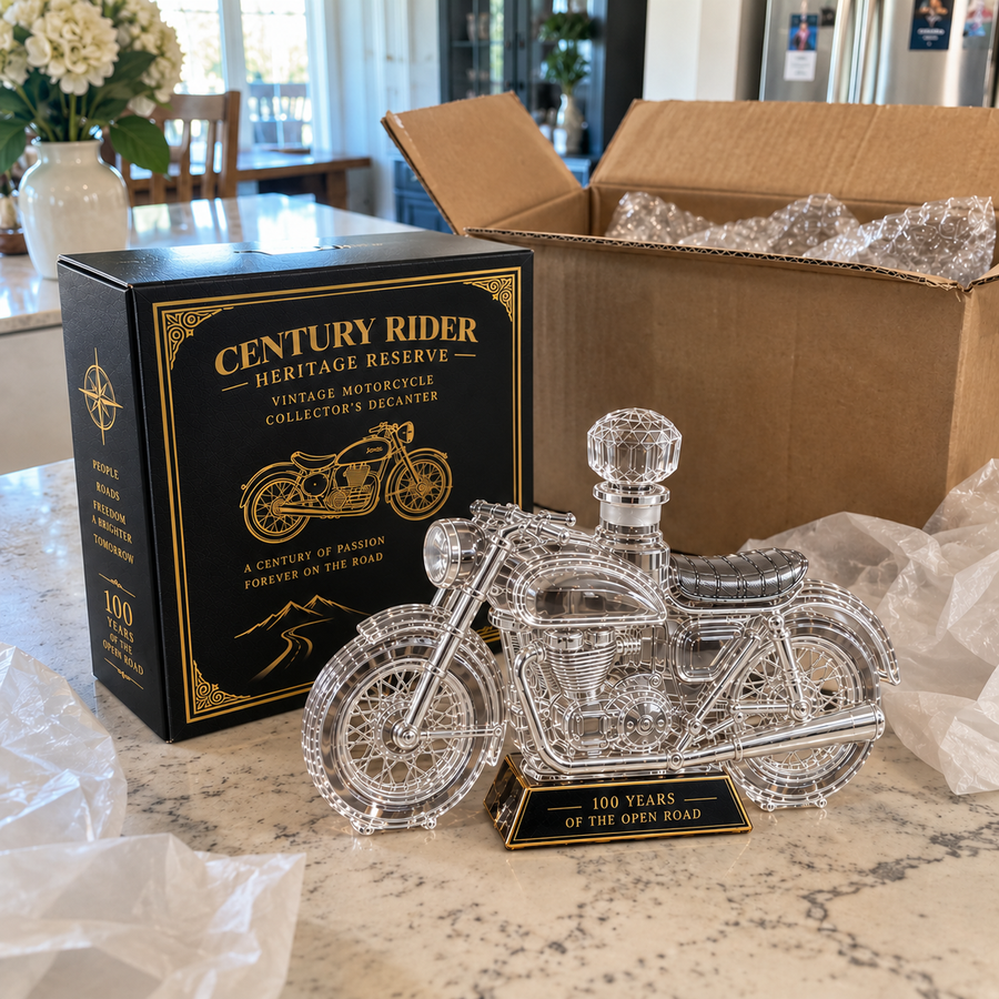 Empty transparent motorcycle decanter and black gift box on a bright kitchen counter