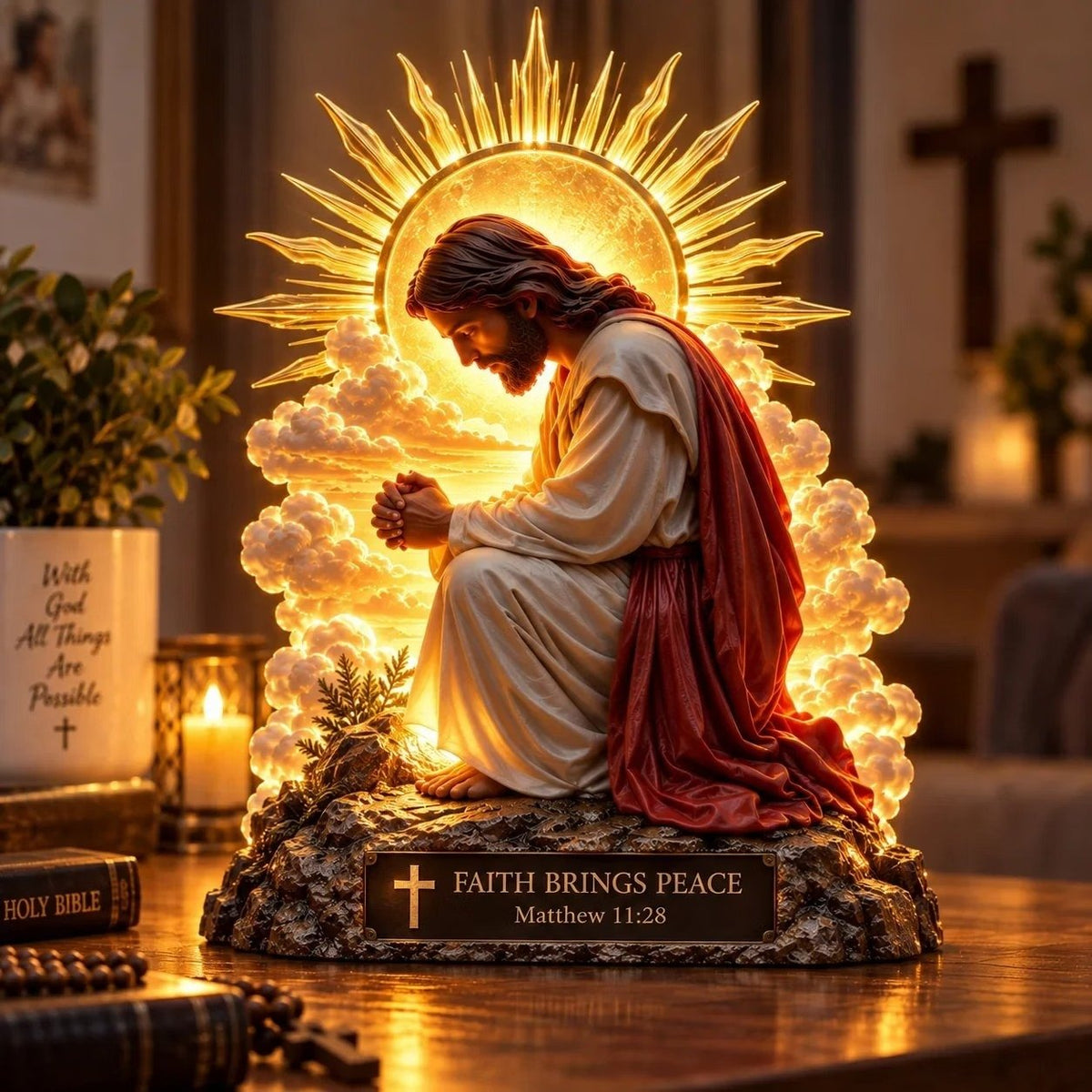 ✨🙏 Faith Brings PeaceTM — Illuminated Praying Jesus Figurine