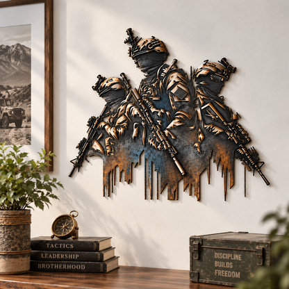 🎖️🇺🇸 Unbreakable Brotherhood – 3-Soldier Tactical Metal Wall Decor, Military Tribute Art & Meaningful Gifts for Veterans 🔥