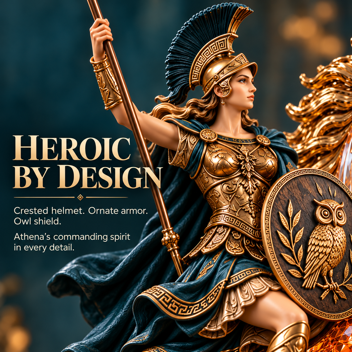 Close-up of Athena’s crested helmet, gold armor, blue cape and owl-emblazoned shield