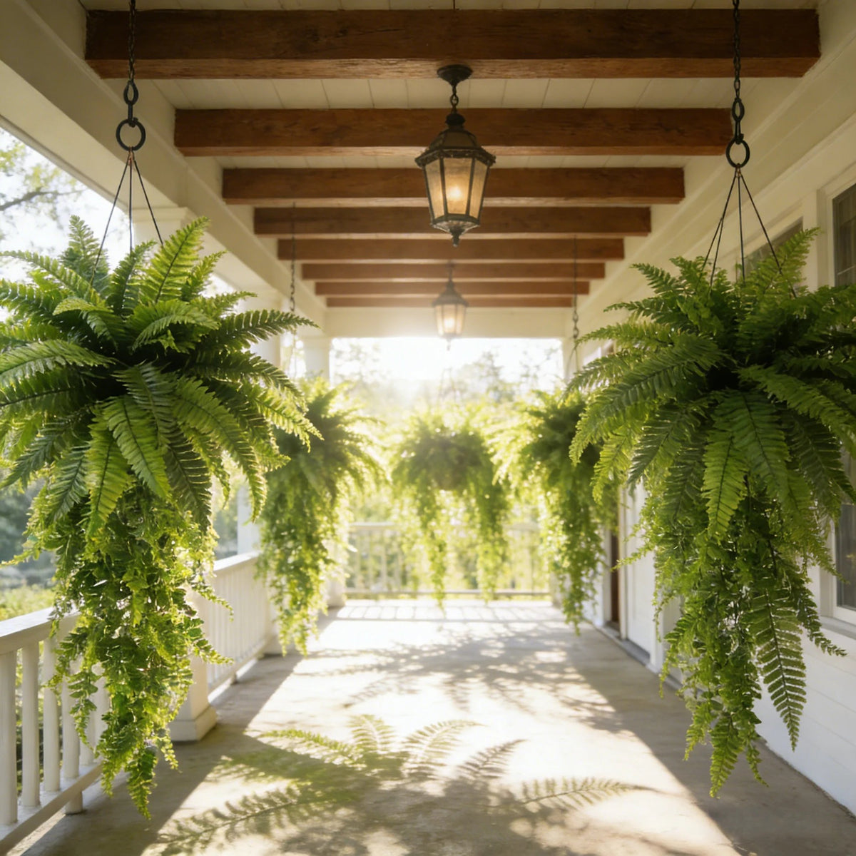 Artificial Boston ferns hanging along a sunny covered porch