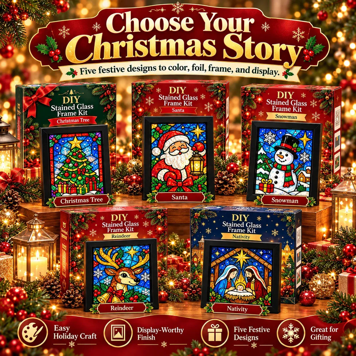 Christmas tree, Santa, snowman, reindeer and Nativity stained glass craft designs