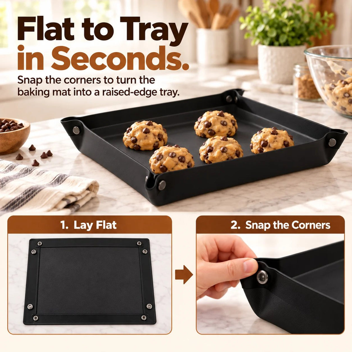 Two steps to transform a flat baking mat into a raised-edge tray