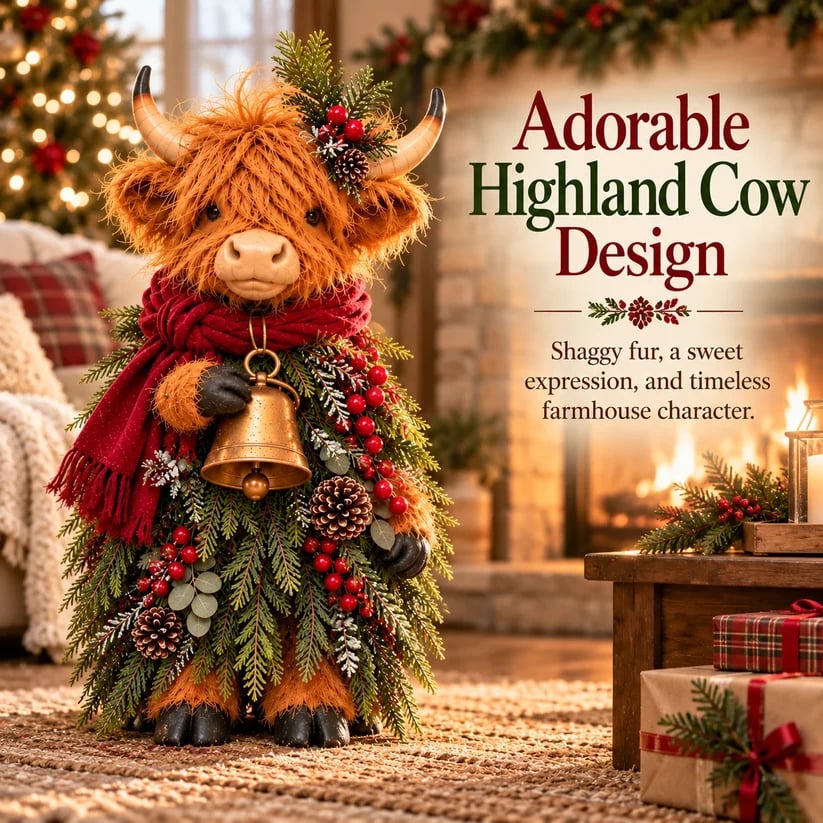 Christmas Highland Cow Figurine with Bell