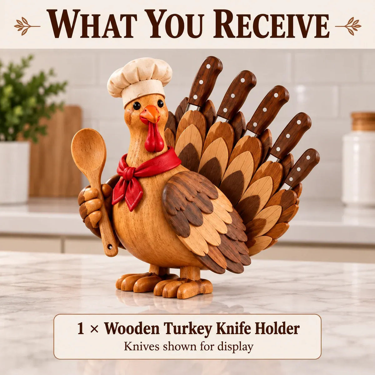 🦃 Rustic Turkey-Shaped Wooden Knife Stand | Thanksgiving Kitchen Decor