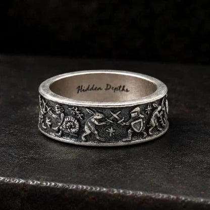 Medieval Marginalia Ring – Vintage Silver Ring with Whimsical Medieval Engravings 100% 925 Sliver