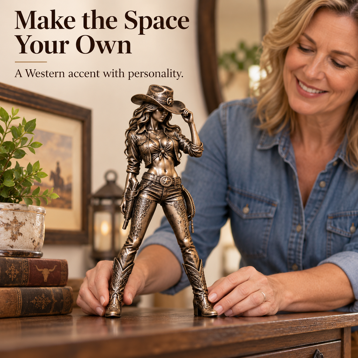 Seated cowgirl figurine styled beside books and greenery as a Western gift