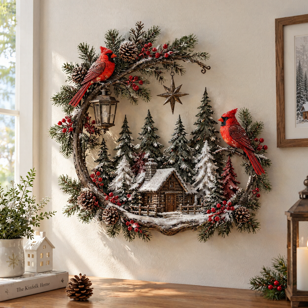 Natural daytime view of cardinal Christmas wall decoration with lights off