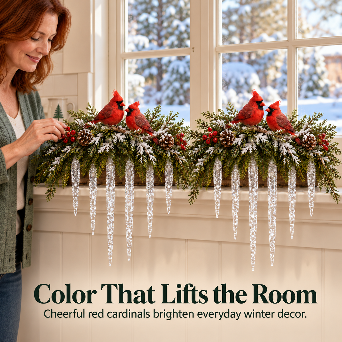Cardinal Winter Glow — Lighted Snowy Cedar & Icicle Christmas Decor