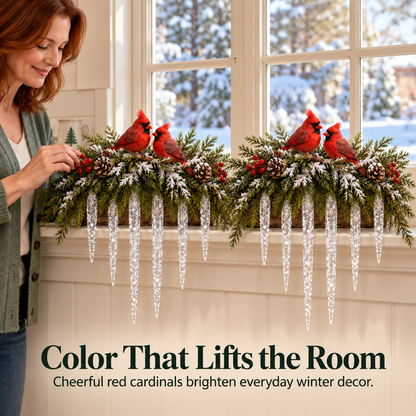 Cardinal Winter Glow — Lighted Snowy Cedar & Icicle Christmas Decor
