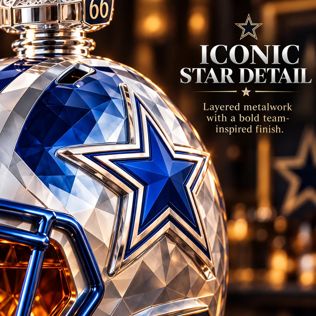 Close-up of the layered blue and silver star on the faceted helmet
