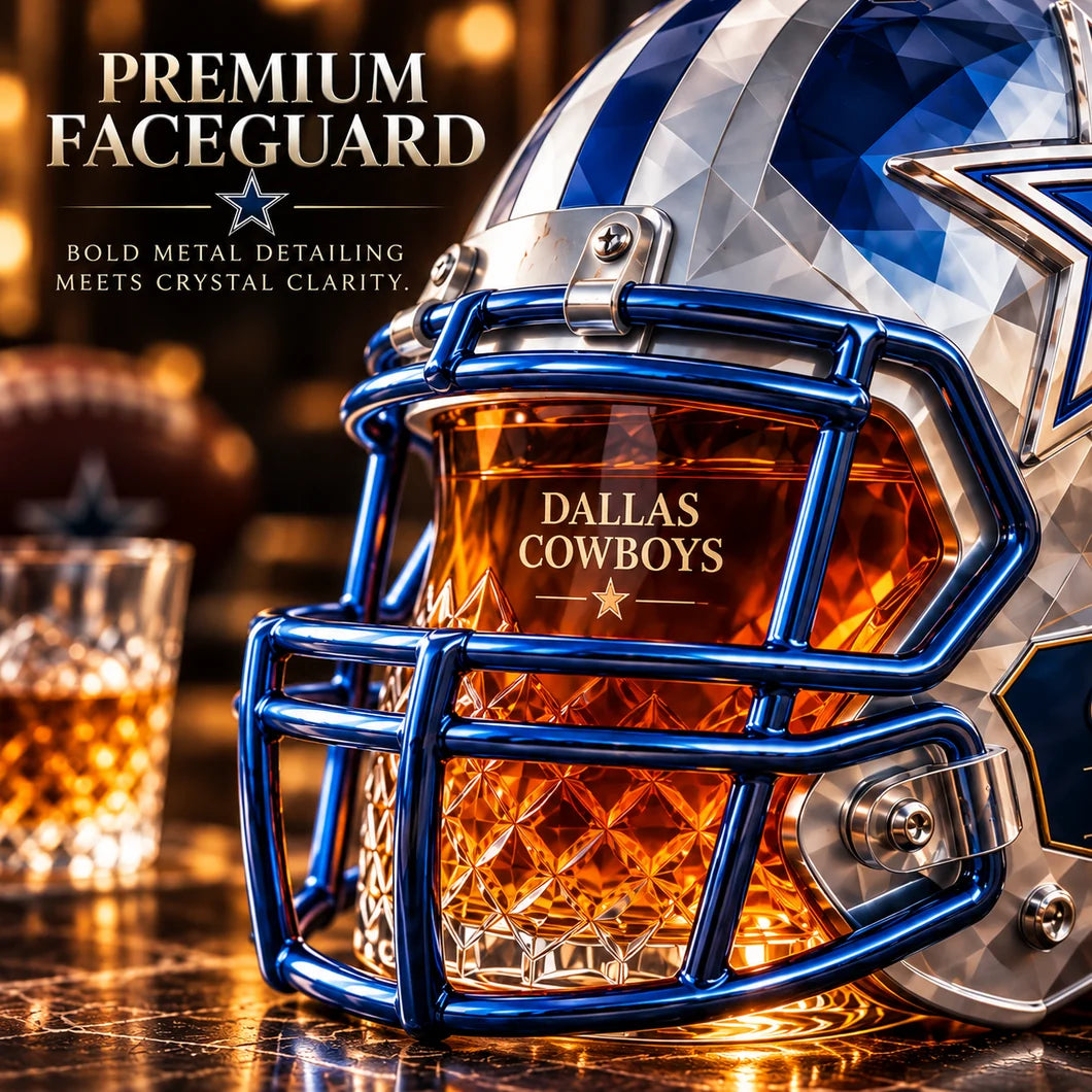 Blue metallic-look football helmet faceguard and cut-glass style surface