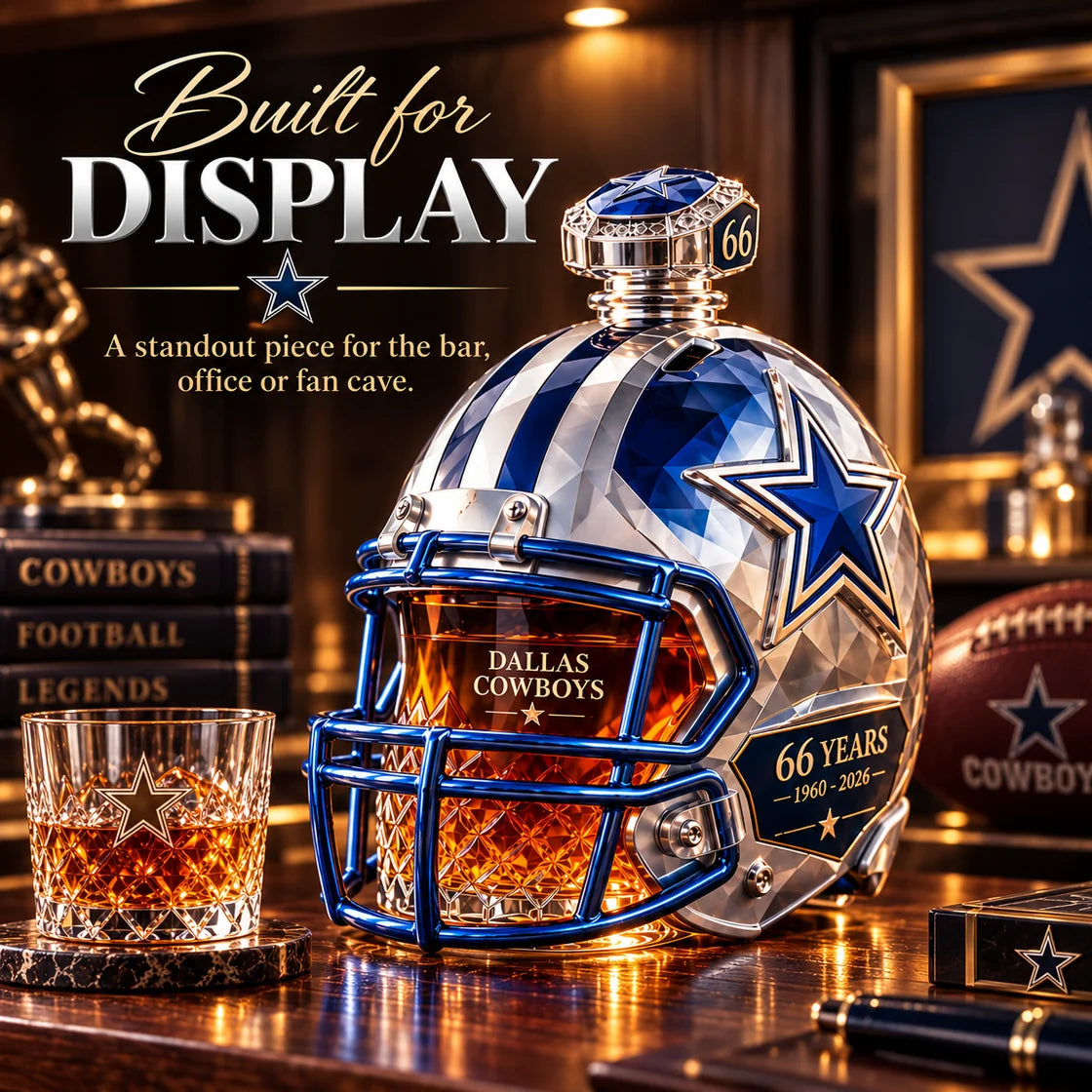 Silver and blue helmet decanter displayed beside a whiskey tumbler in a warm home bar