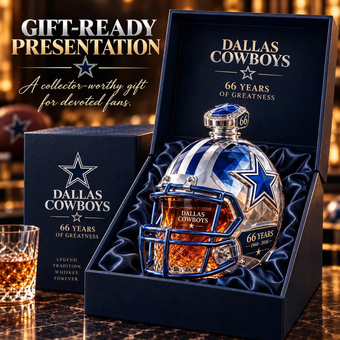 Anniversary helmet decanter displayed inside a navy gift box presentation concept