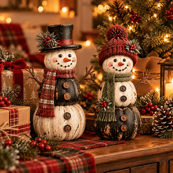 ☃️ Vintage Pumpkin Snowman Duo – Rustic Black & Ivory Farmhouse Christmas Figurines