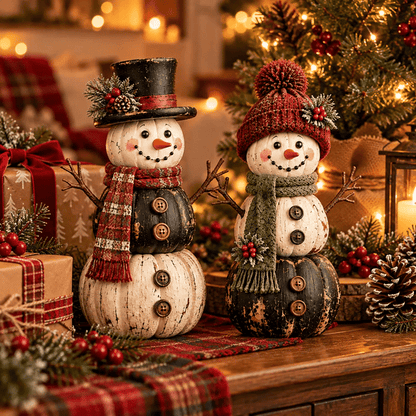 ☃️ Vintage Pumpkin Snowman Duo – Rustic Black & Ivory Farmhouse Christmas Figurines