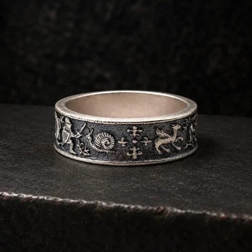 Medieval Marginalia Ring – Vintage Silver Ring with Whimsical Medieval Engravings 100% 925 Sliver
