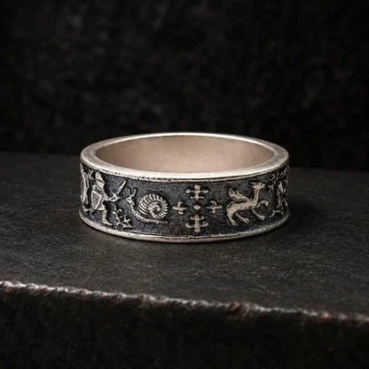 Medieval Marginalia Ring – Vintage Silver Ring with Whimsical Medieval Engravings 100% 925 Sliver