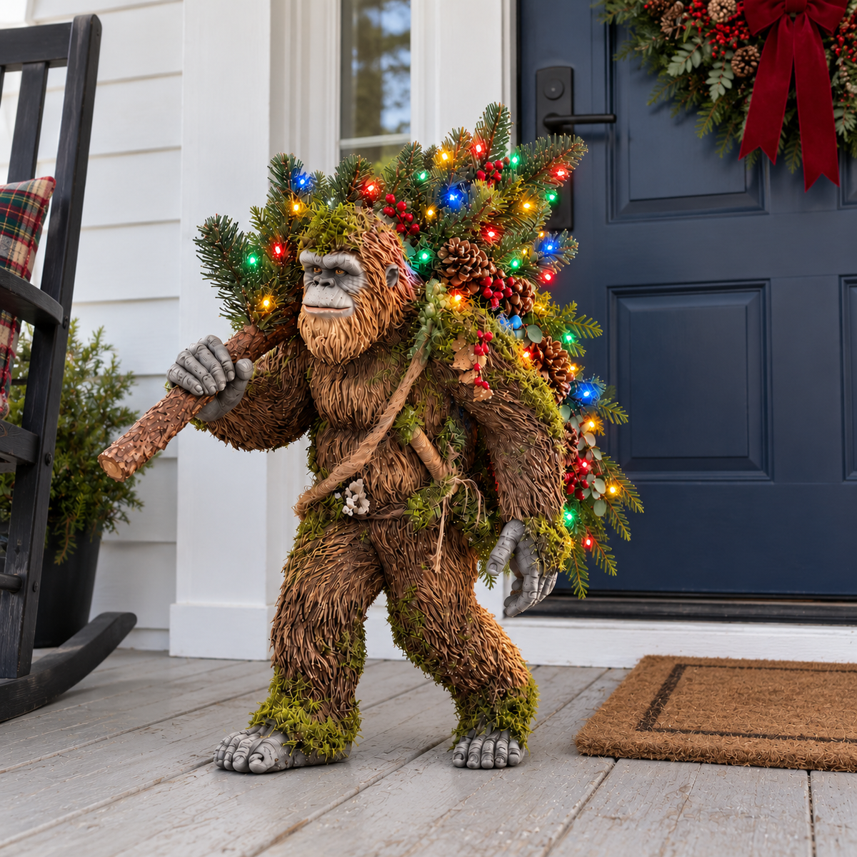 Sasquatch with lush Christmas greenery beside a white entrance door