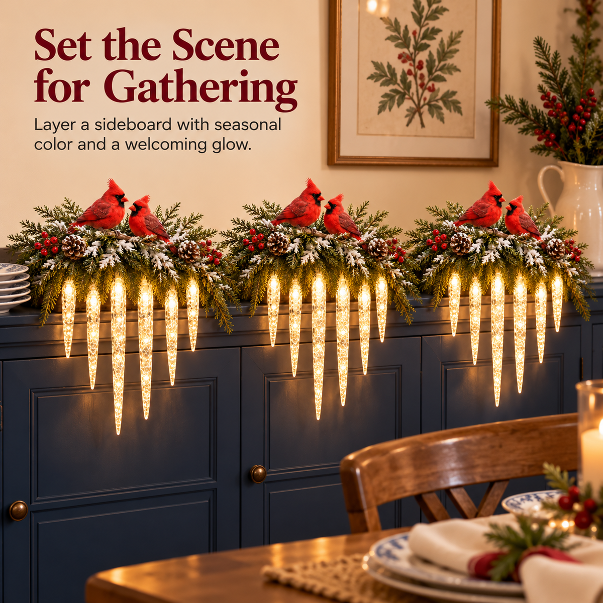 Cardinal Winter Glow — Lighted Snowy Cedar & Icicle Christmas Decor