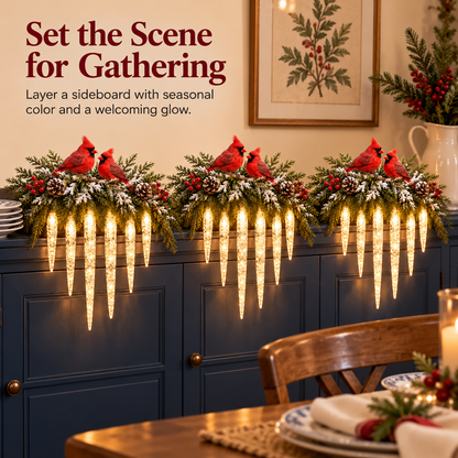 Cardinal Winter Glow — Lighted Snowy Cedar & Icicle Christmas Decor