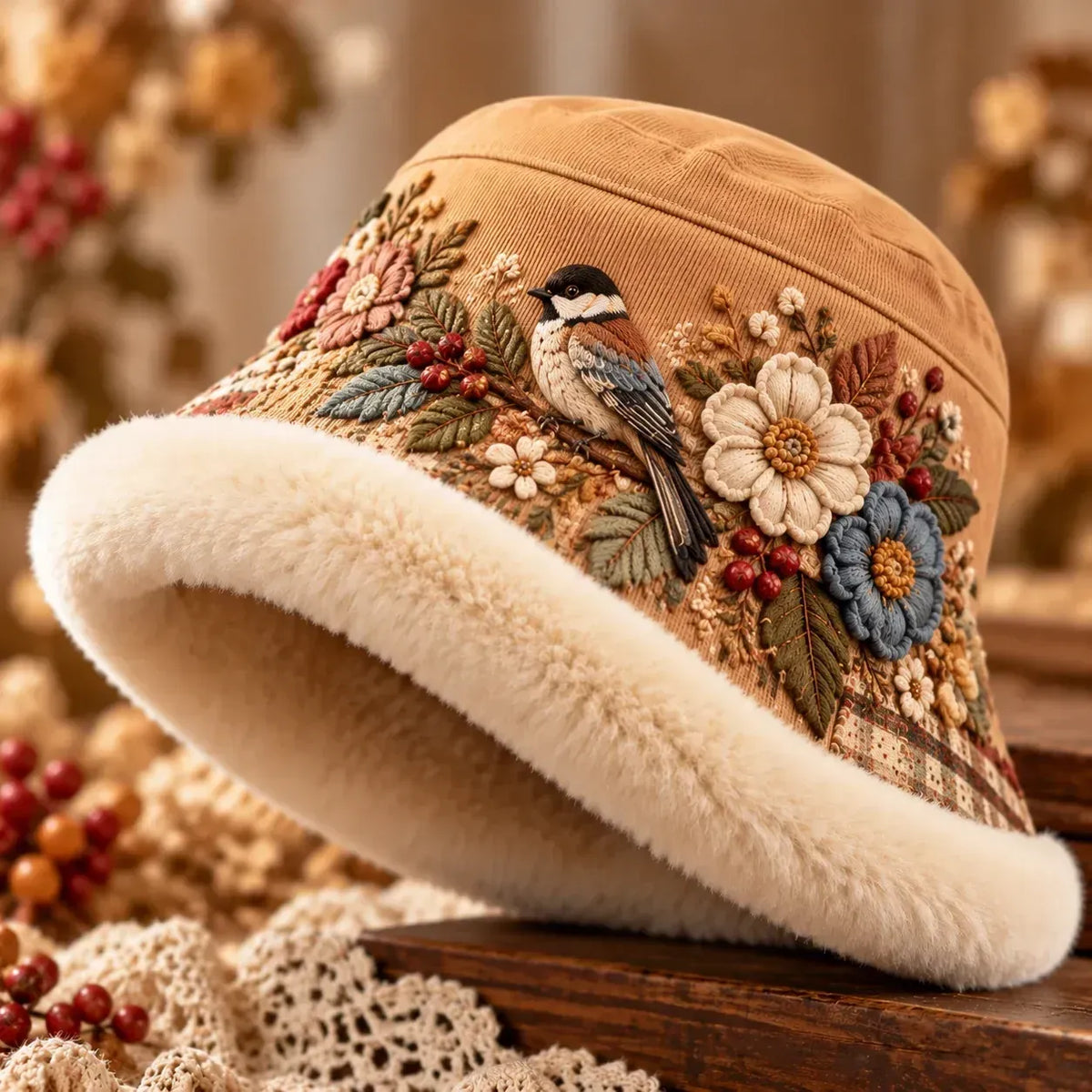 🌸 Women’s Warm Plush-Lined Winter Bucket Hat – Cute Floral & Animal Prints ❄️