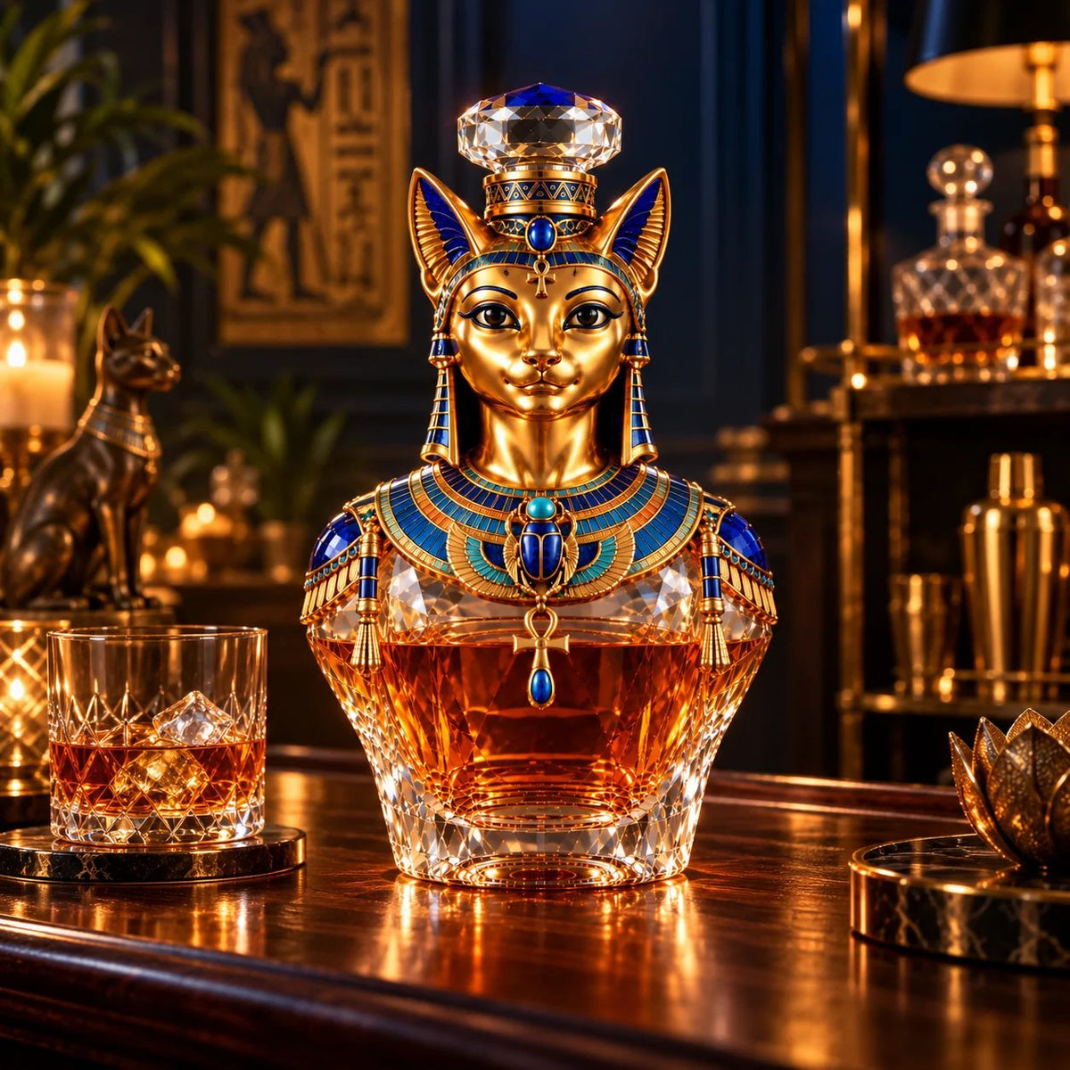 🐈 Bastet’s Royal Legacy Whiskey Decanter – Golden Egyptian Cat Collector’s Edition 🏺