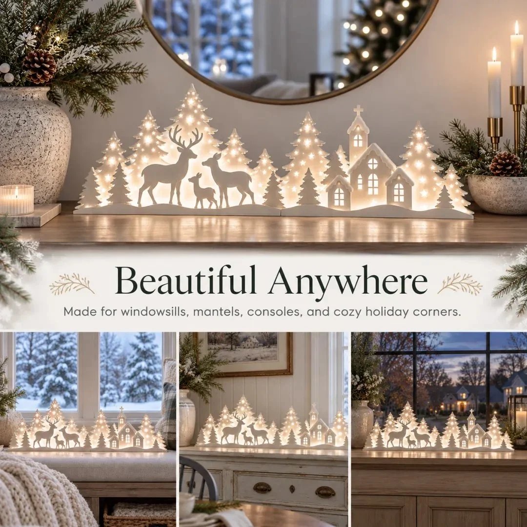 Light-Up Christmas Deer & Snowy Village Window Decor – 2-piece LED set ✨