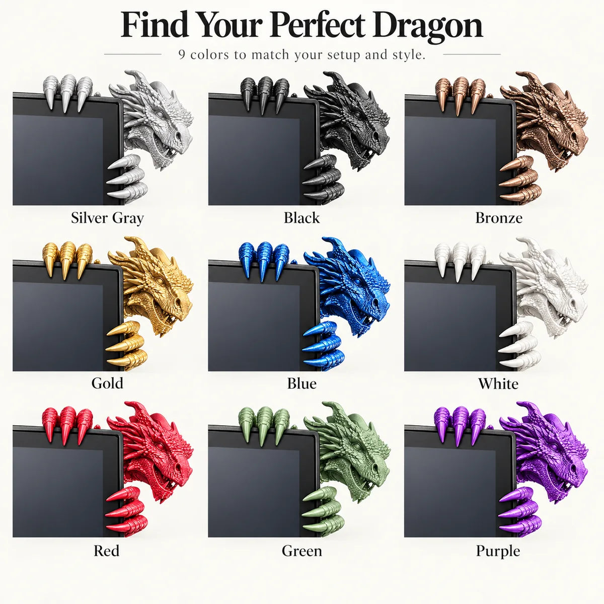 Nine dragon monitor decoration finishes in a three-by-three comparison