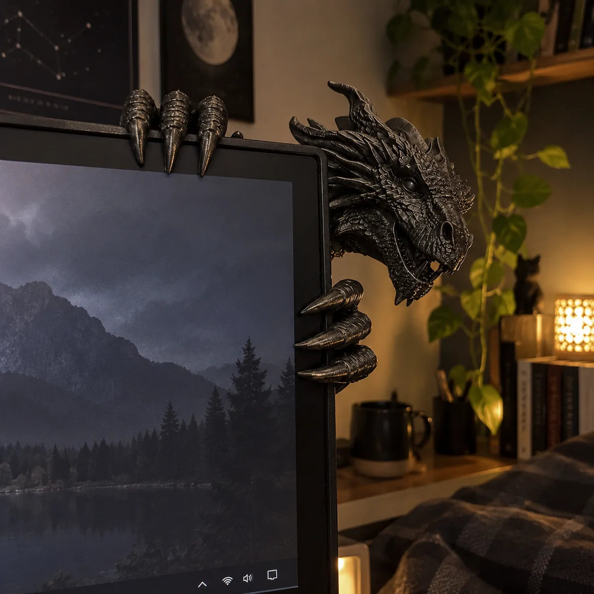 Black dragon monitor buddy in a warm evening desk setup
