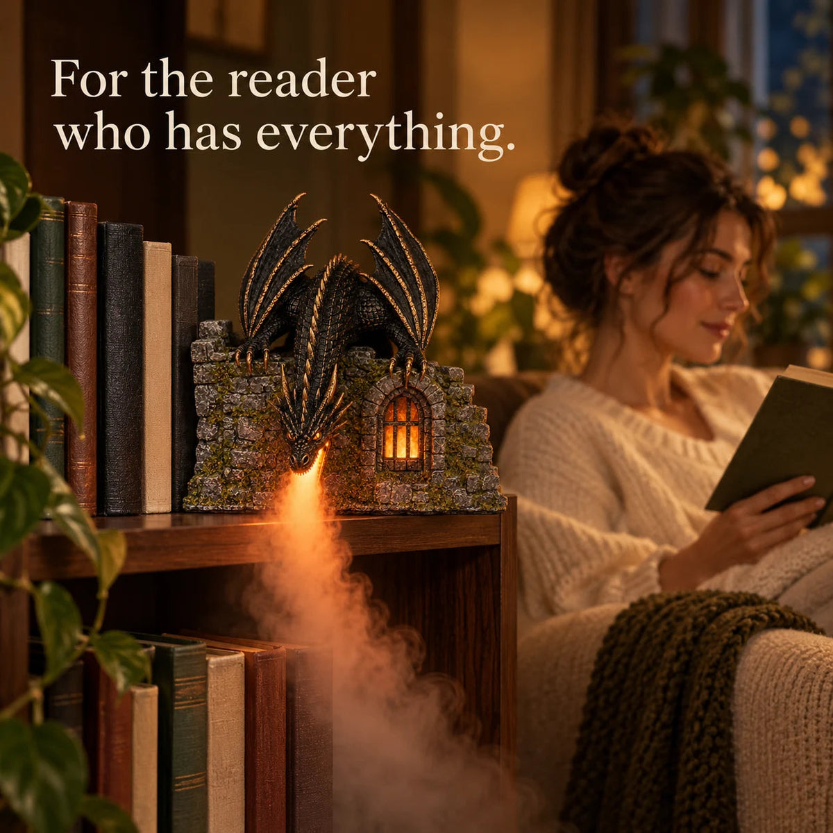 🐉 Dragon Mist Diffuser – Glowing Castle Bookshelf Decor