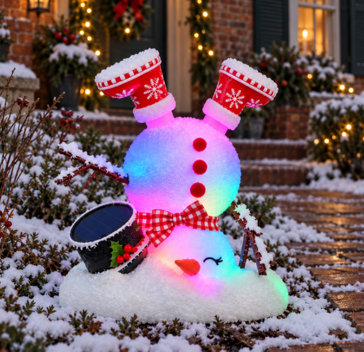 Hide-and-Seek Frosty: A red sled, a teal hat and raised mittens capture the joy of a winter ride.