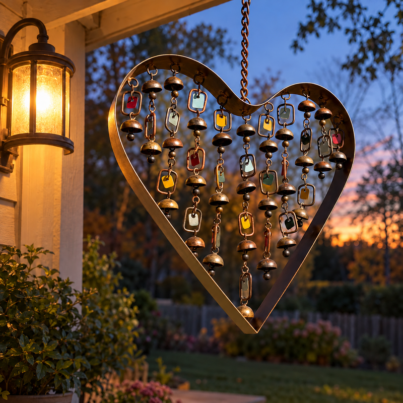 Heart wind chime on a porch at dusk beside a separate glowing lantern