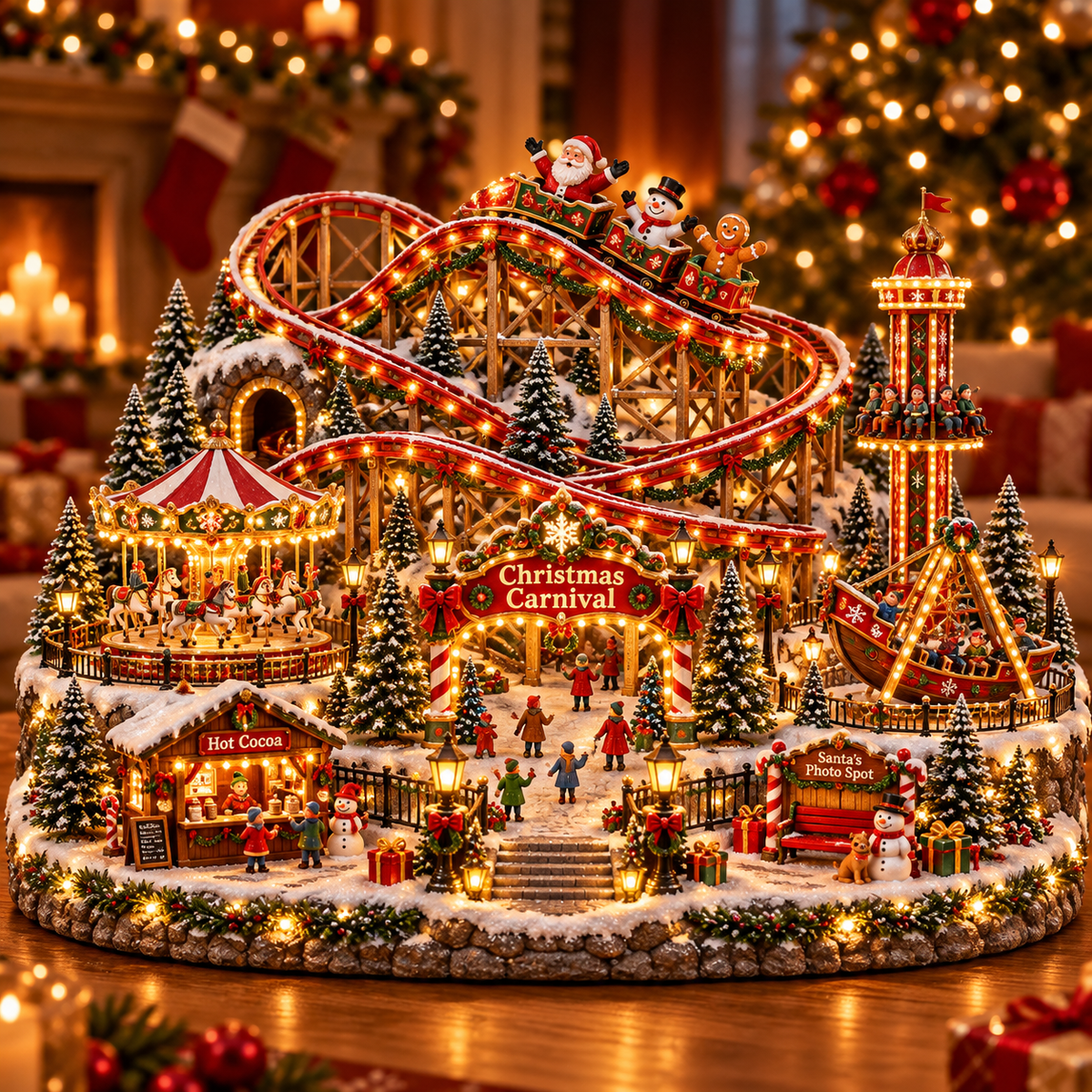 🎢 Magical Christmas Carnival Village – Animated Roller Coaster & Lighted Holiday Decor