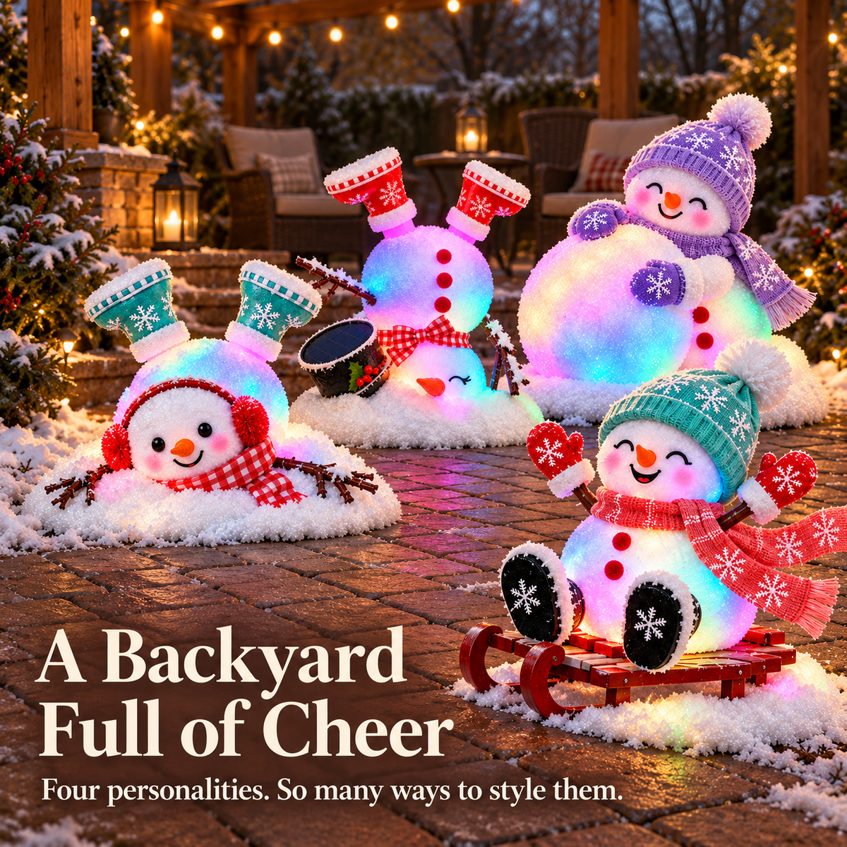 Multicolored snowmen glowing beside a warmly decorated Christmas patio
