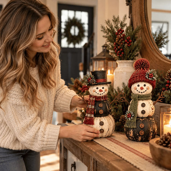 ☃️ Vintage Pumpkin Snowman Duo – Rustic Black & Ivory Farmhouse Christmas Figurines
