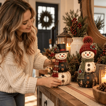 ☃️ Vintage Pumpkin Snowman Duo – Rustic Black & Ivory Farmhouse Christmas Figurines